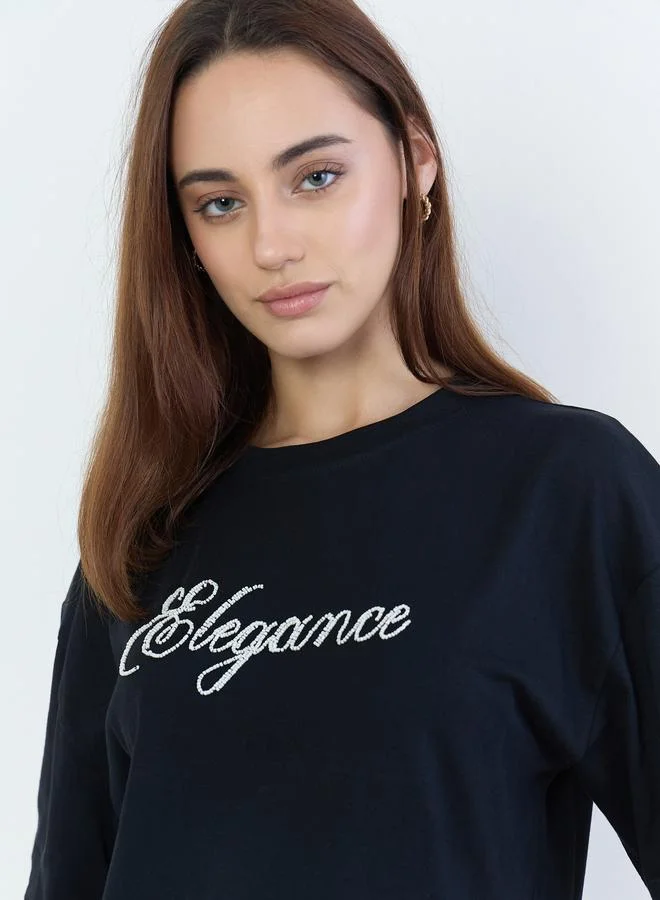 Styli Black Beaded Slogan Oversized T-Shirt